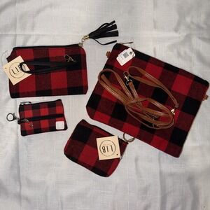 4 Red Black Buffalo Plaid Clutch Wristlet Crossbody Pouch Wallet Purse NWT